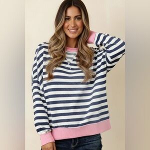Navy pink stripe color block patchwork French terry 
pullover sweatshirt top